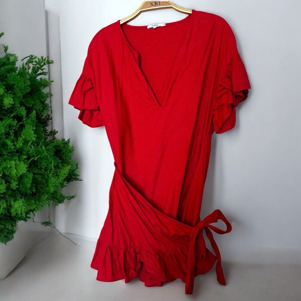 Tularosa X REVOLVE Jenny Linen Dress in Xs Red Orange Ruffle Tie Short Dress‎